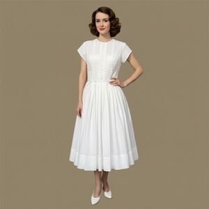 Vintage 1950 Cottagecore Pristine White Fit and Flare Elegant Feminine Dress S